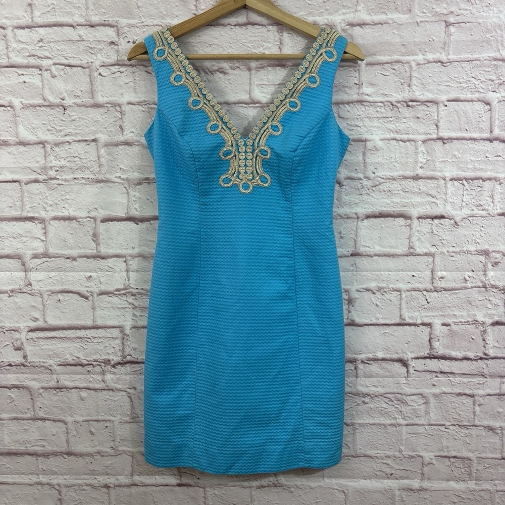 LILLY PULITZER 2 BENTLEY TURQUOISE DRESS GOLD EMBROIDERED NECKLINE RESORT SUMMER